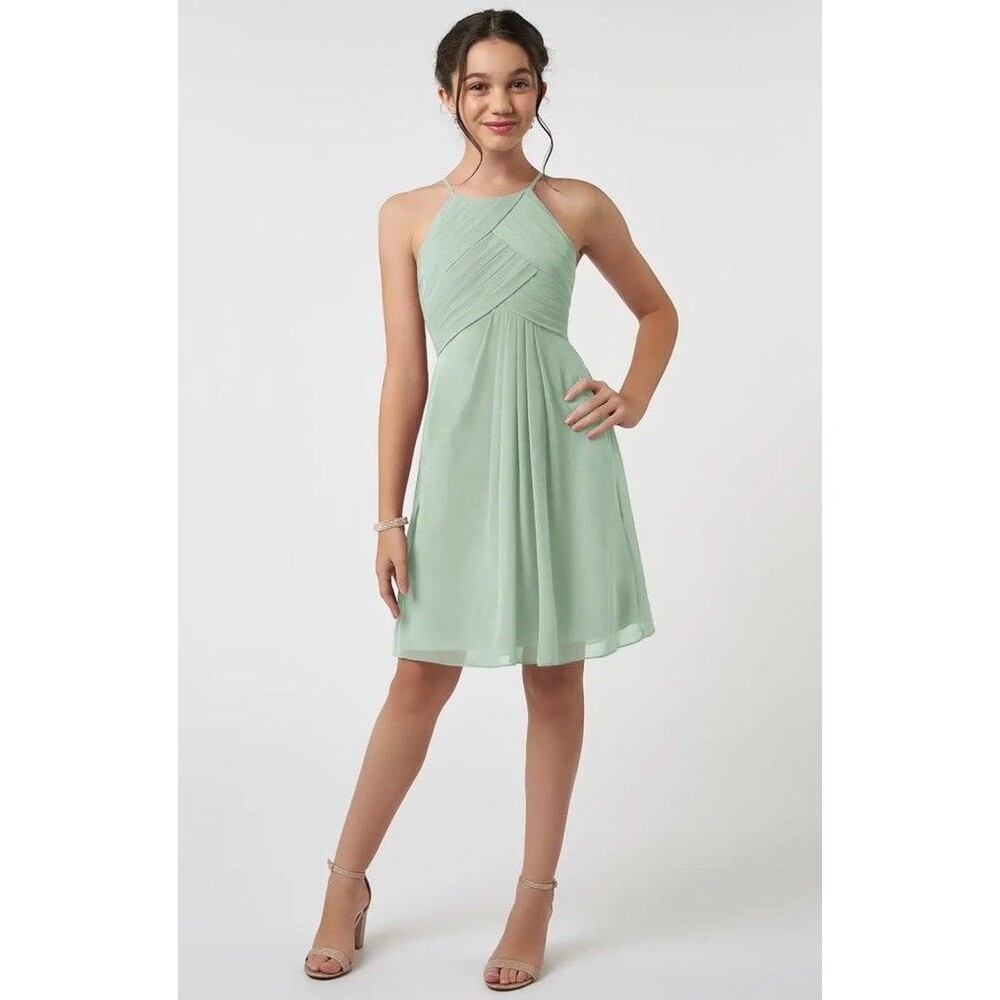 Azazie Ginny Junior Sz 12 Agave A-Line Pleated Chiffon Dress  SHIPS FAST!